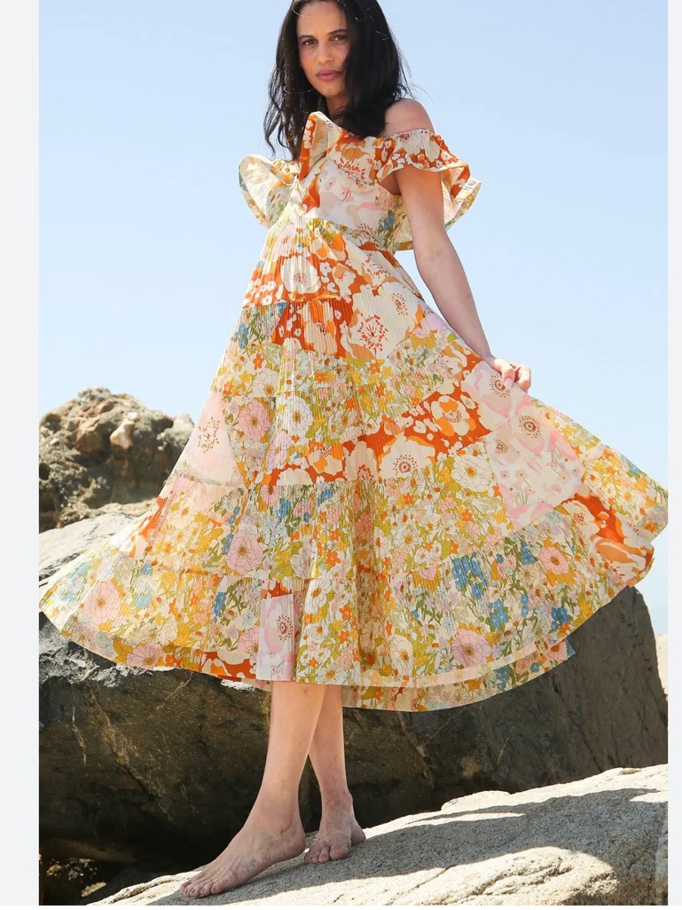 Beulah Style Melody Floral Print Tiered Ruffle Pleated Midi Dress Small $231